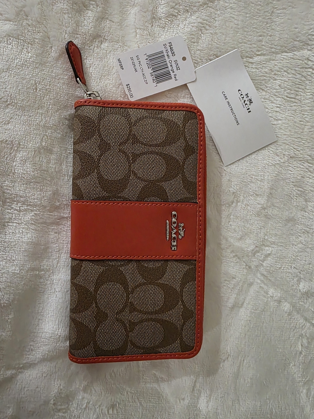 Coach Signature Zip Wallet with Coral Leather Trim